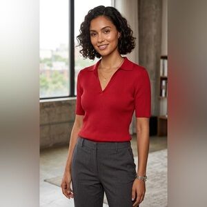 Spenser Jeremy Red Ribbed V-Neck Polo Short-Sleeve Top